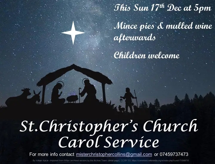 Invitation to Carol Service
Sunday 17th December at 5 pm
St Christophers Church